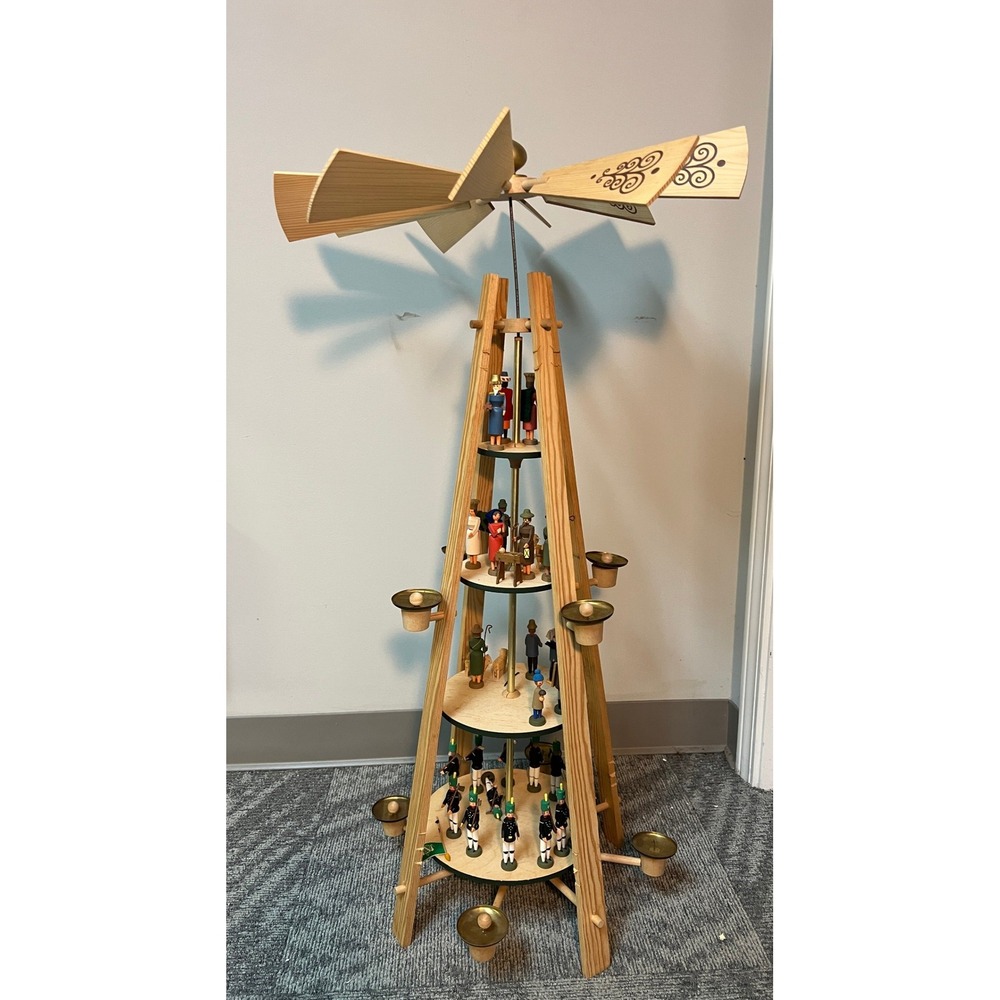 VERO Erzgebirge 4 Tier German Christmas Pyramid Nativity Miners Wood Carousel 3'